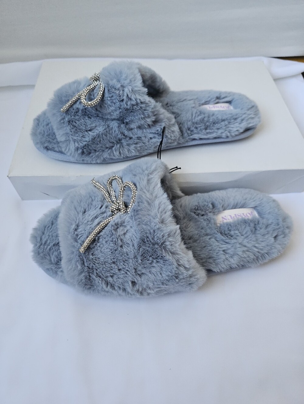 Joyspun Girls Faux Fur Rhinestone Bow Slippers - Light Blue - Size 10 - NWT